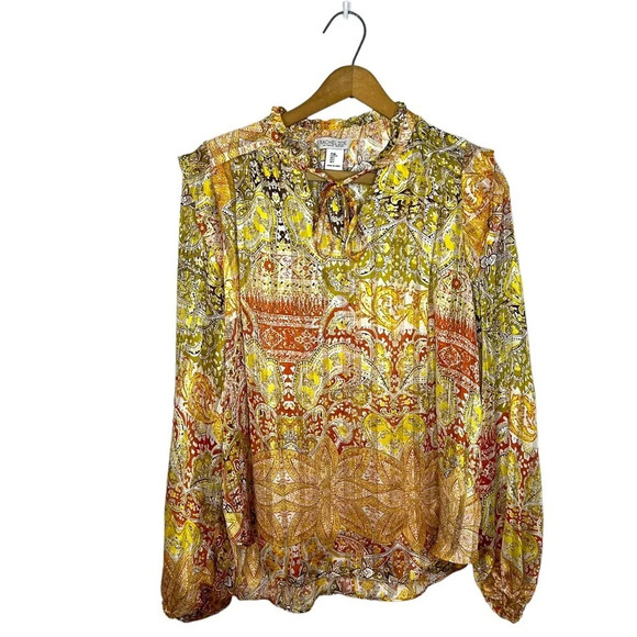 RACHEL ZOE Paisley Boho Print Metallic Stripe V Neck Popover Blouse - Picture 9 of 9